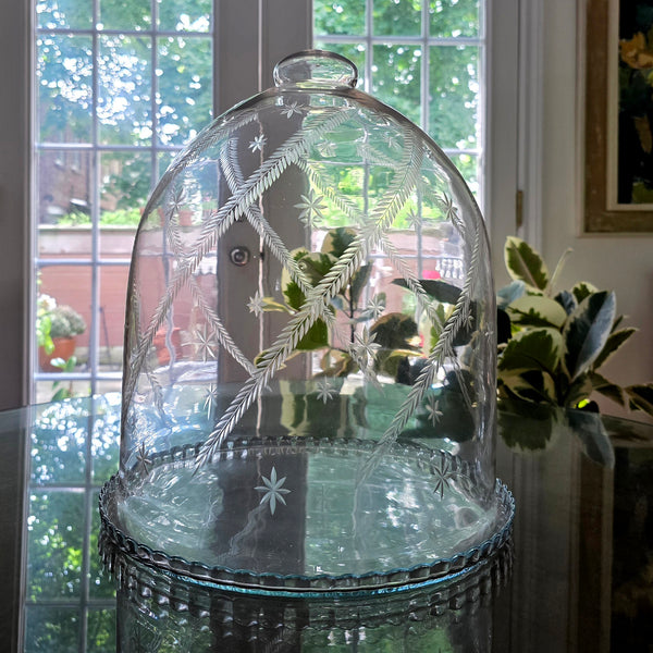 Vintage Hand Blown Glass Cloches Pair With Ferns & Stars