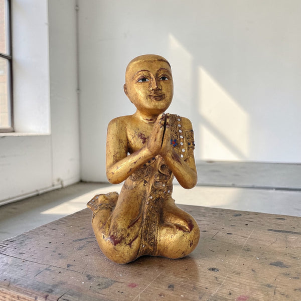 Antique Carved Giltwood Burmese Mandalay Figure Of Buddha's Disciple Moggallana