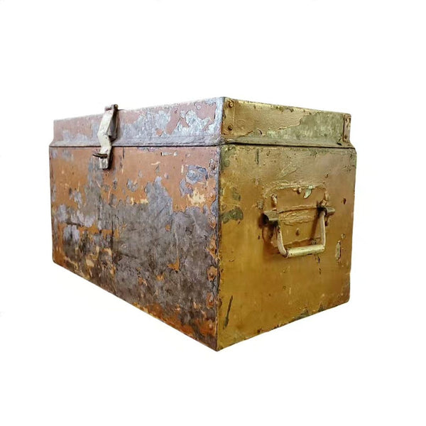 Industrial Primitive Antique Metal Trunk In Mustard Paint