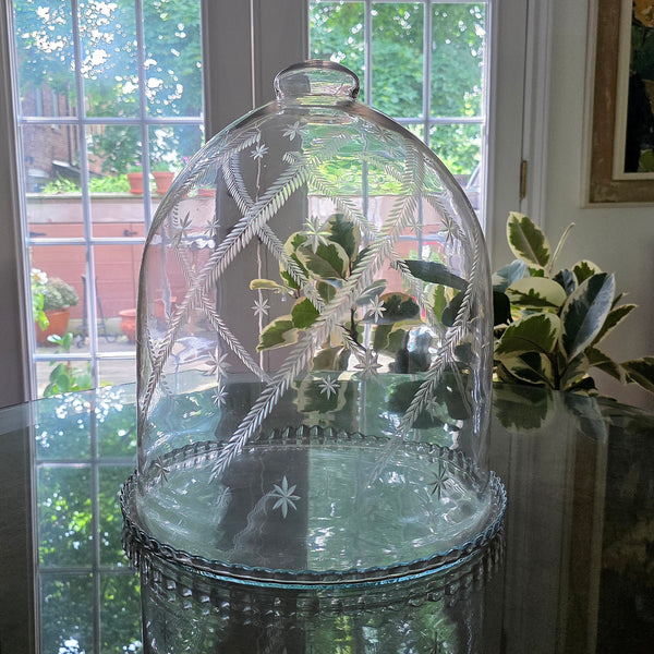 Vintage Hand Blown Glass Cloches Pair With Ferns & Stars