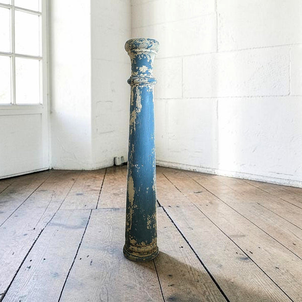 Antique Wood Pedestal Column In Blue & White Paint