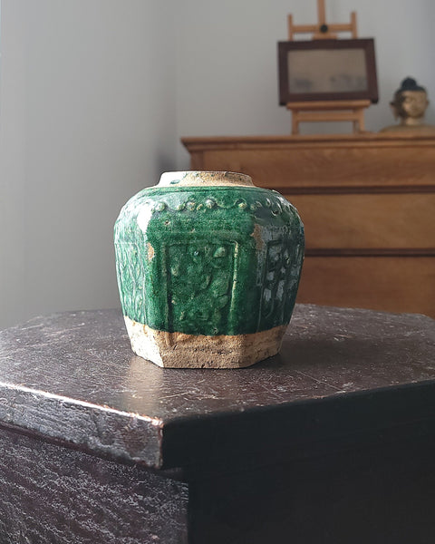 Antique Chinese Shiwan Green Glazed Ginger Jar