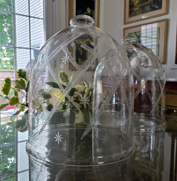 Vintage Hand Blown Glass Cloches Pair With Ferns & Stars