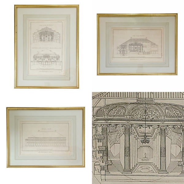 Trio Of Three Antique French Framed Architectural Theatre Prints