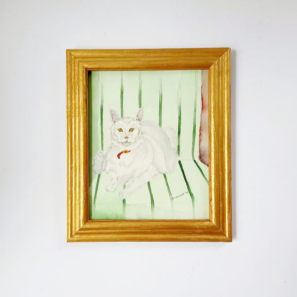 Charming White Cat On Green Chair Watercolour
