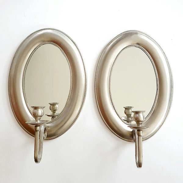 Vintage Brushed Metal Oval Mirrored Candle Sconces