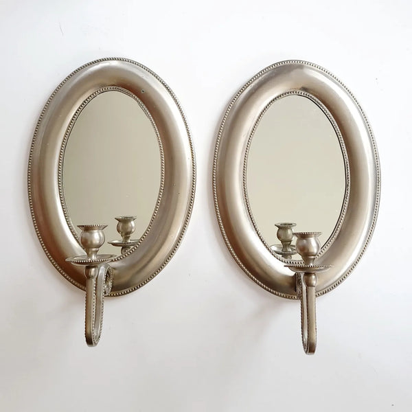 Vintage Brushed Metal Oval Mirrored Candle Sconces