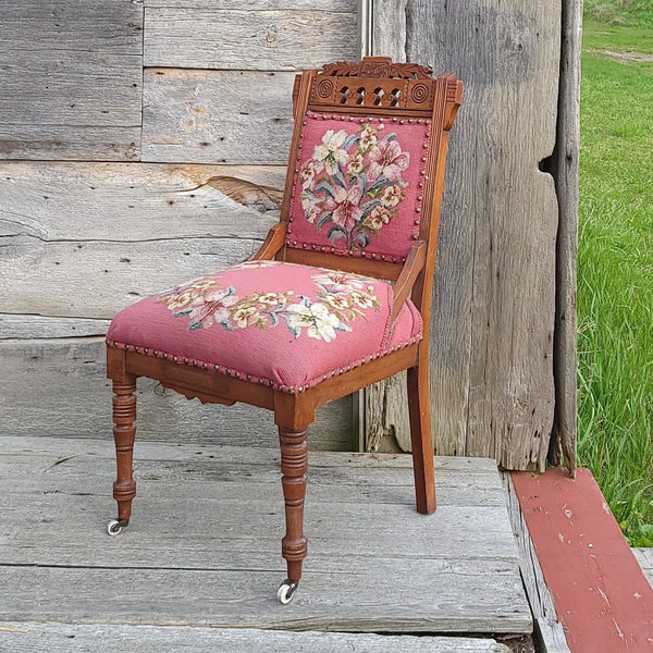 Antique Victorian Walnut Petit Point Chair Pink Floral