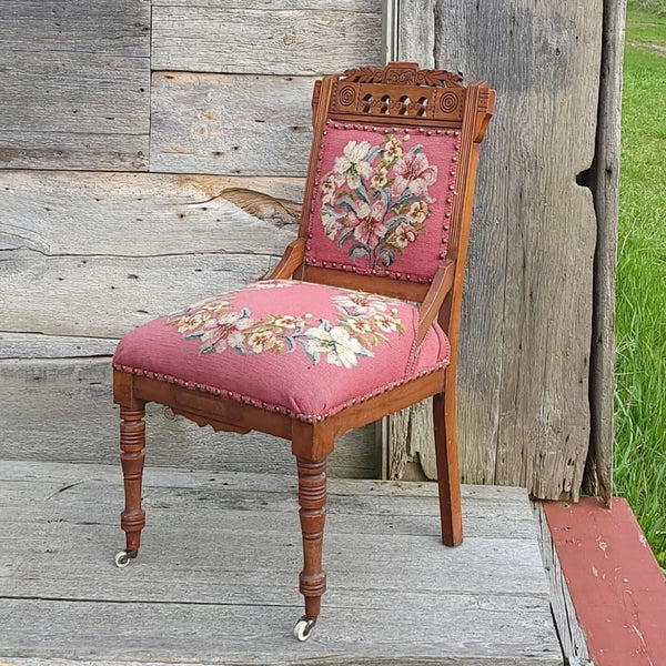 Antique Victorian Walnut Petit Point Chair Pink Floral