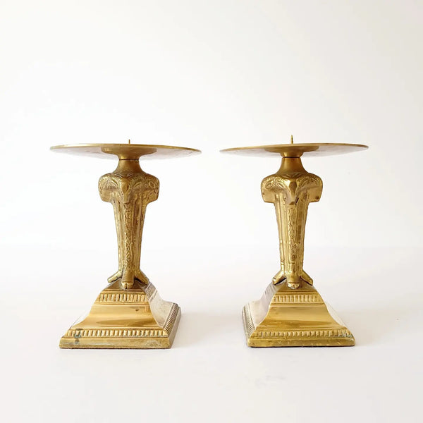 Triple Rams Head Brass Pillar Candlestick