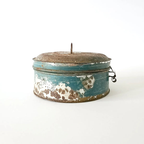 Rustic Primitive Teal Blue Round Antique Spice Tin