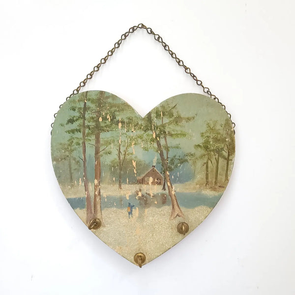 Primitive Painted Heart Shaped Wood Folk Art Key Rack