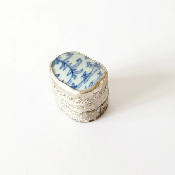 Blue & White Ceramic Stamp Box With Silver Mount