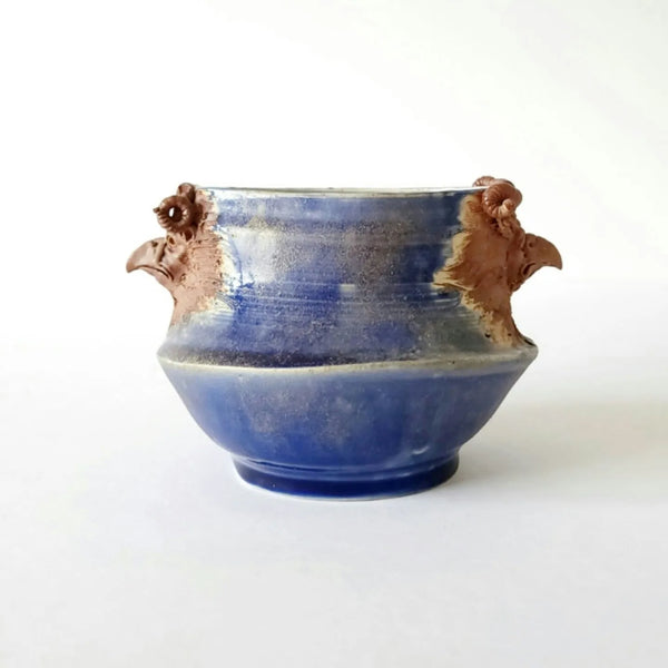 Blue Ceramic Vessel With Horned Birds