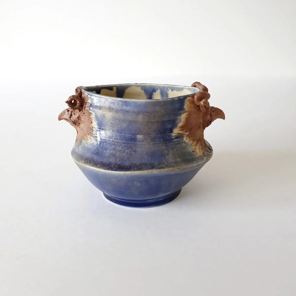 Blue Ceramic Vessel With Horned Birds