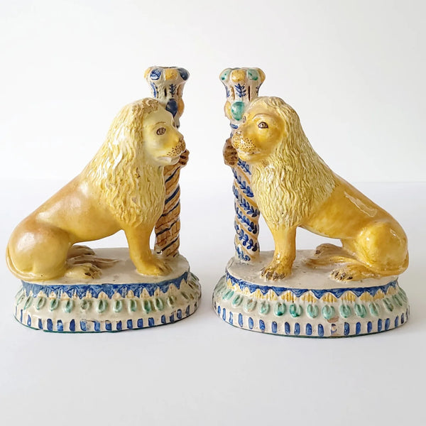 Pair of 19th Century Faience Lion Form Candlesticks