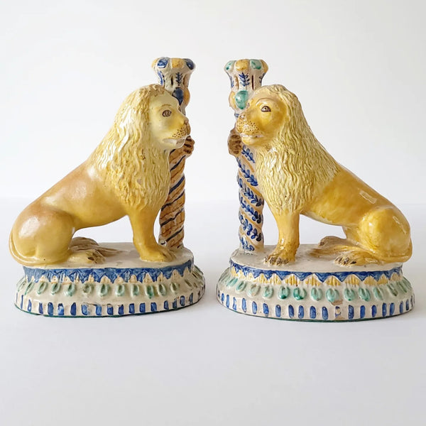 Pair of 19th Century Faience Lion Form Candlesticks