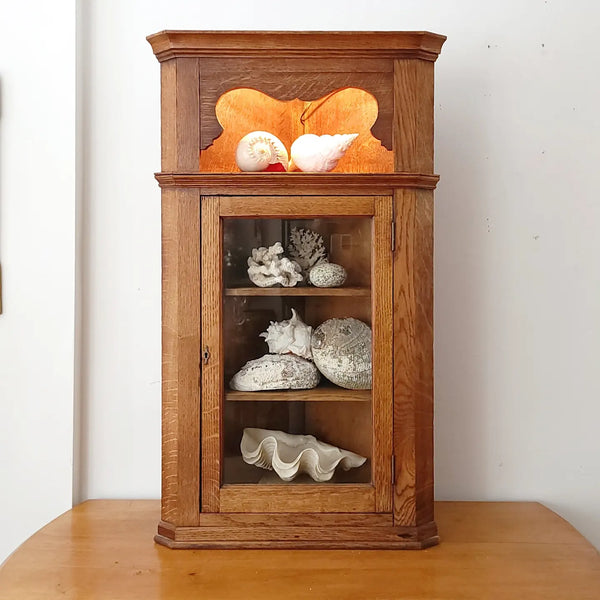 Antique Oak Hanging Corner Cabinet With Glass Door