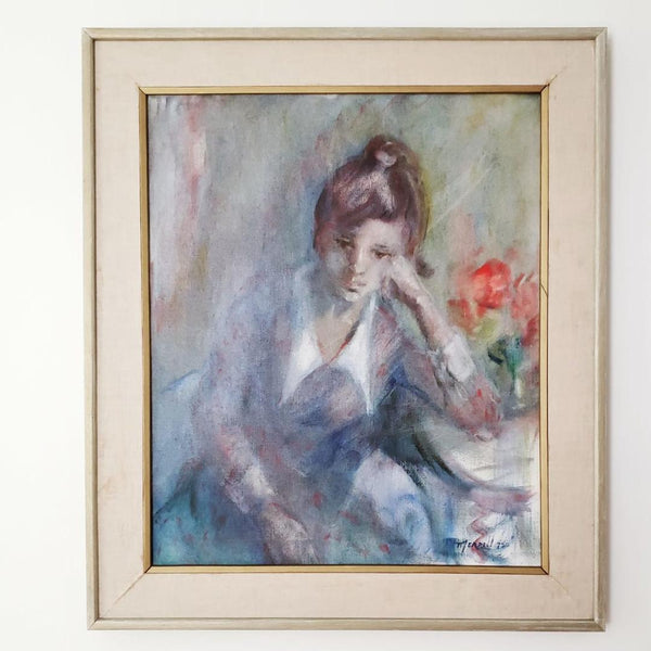 Mid-Century Framed Acrylic Study Young Girl In Contemplation