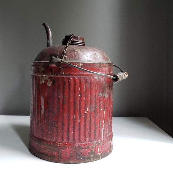 Antique Industrial Design Utilitarian Red Metal Gas Can