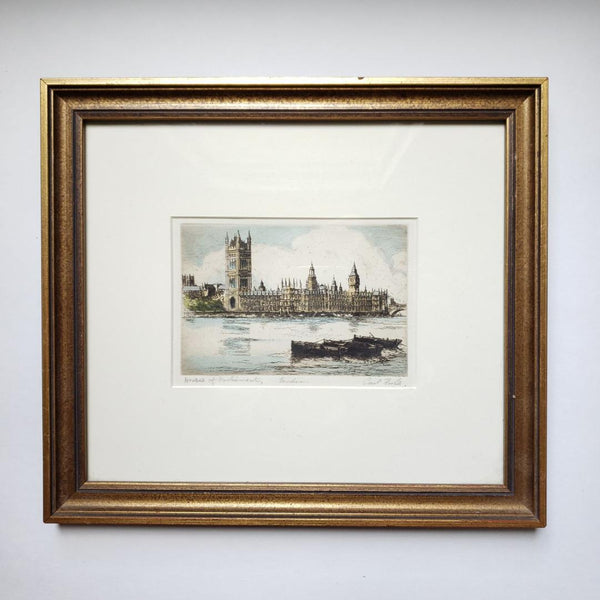Cecil Forbes Framed Pencil Signed Coloured Etching Houses Of Parliament London