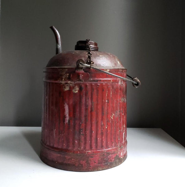 Antique Industrial Design Utilitarian Red Metal Gas Can