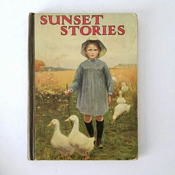 Antique Children's Story Book Sunset Stories Young Girl With White Ducks